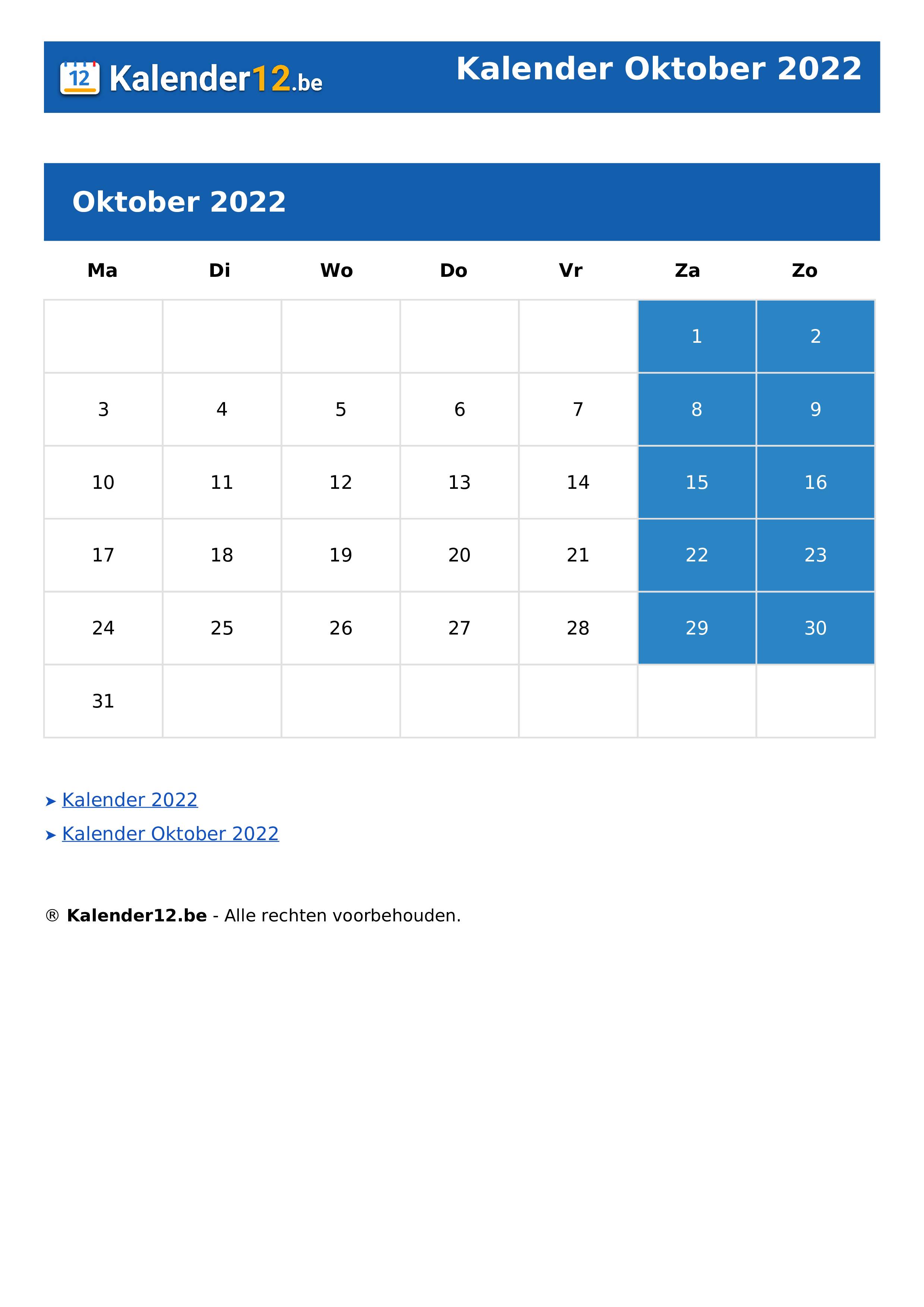 Kalender Oktober 2022